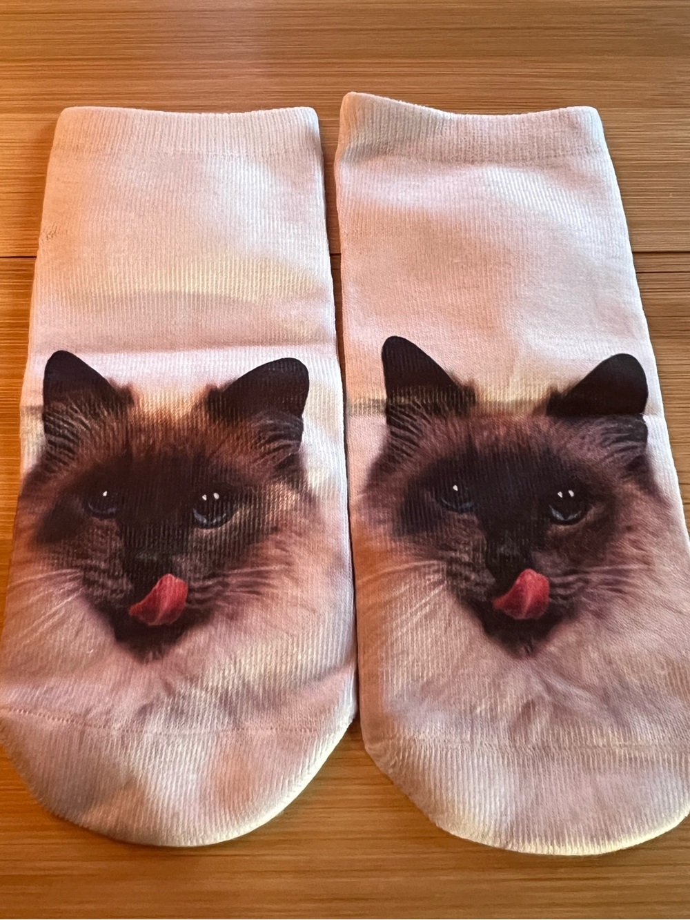 Cat Face Print Ankle Socks Cream Brown Novelty Kitty Tongue Out Cat Lover